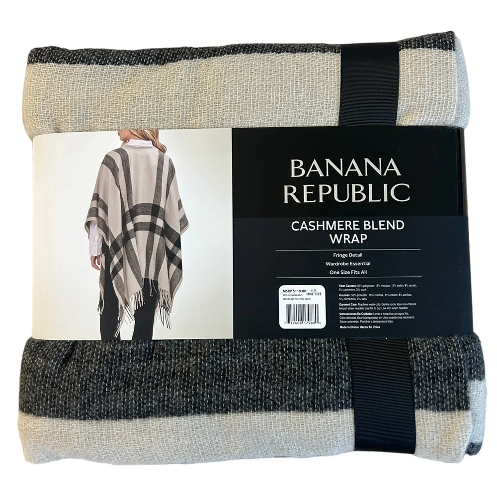 Banana Republic Cashmere Blend Black And Cream Plaid Wrap NEW ONE SIZE - Picture 3 of 6